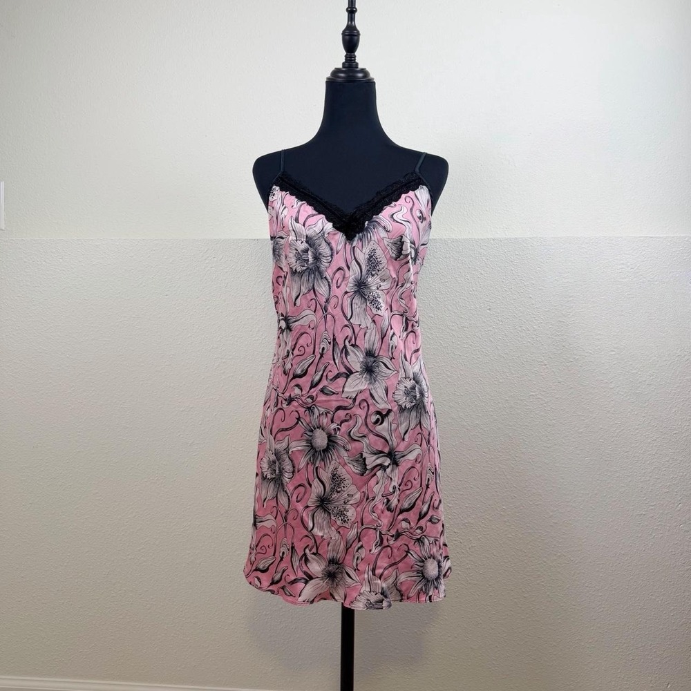 August Silk Vintage 100% Silk Pink Floral Nightgown Slip Dress- Size M